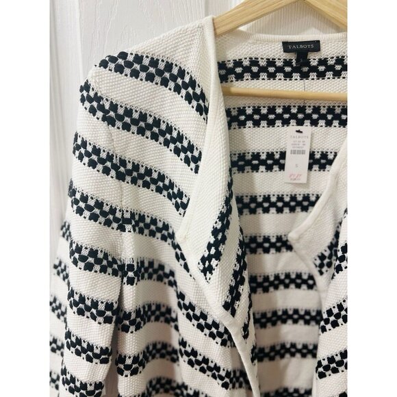 Talbots Womens Cardigan Small White Nautical Cotton Textured Knit Stripe Open - Picture 6 of 9